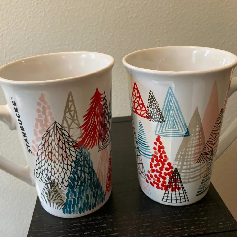 Starbucks 2017 Christmas tree coffee tea mugs 11 oz set of two. Excellent! - Picture 1 of 7